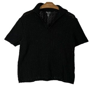 H&M Loose Fit Pointelle-Knit Polo Shirt XL Black Crochet Preppy